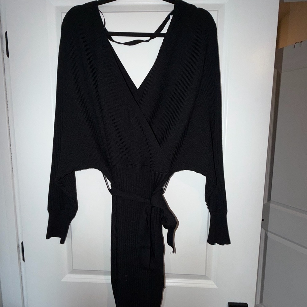 Black Wrap Knit Dress with Tie Waist
